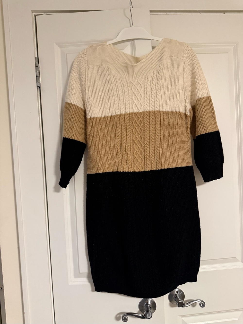 Sandra Darren Cream, Tan & Black Colorblock Cable Knit Dress